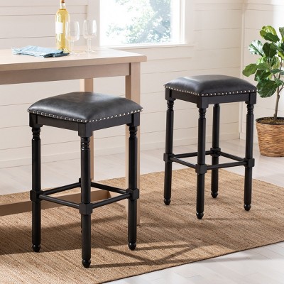 Preston Gray Walnut Backless Bar Stools with Nailhead Trim, Set of 2