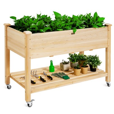 Tangkula Elevated Garden Bed Wood Planters With Storage Shelf Wheels ...