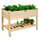 Tangkula Elevated Garden Bed Wood Planters with Storage Shelf Wheels & Liner Suitable for Vegetable Flower Herb
