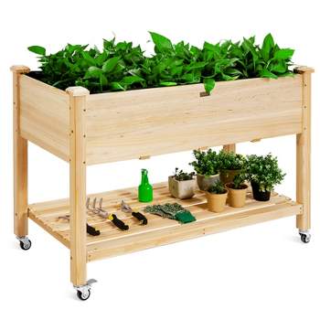 Tangkula Elevated Garden Bed Wood Planters with Storage Shelf Wheels & Liner Suitable for Vegetable Flower Herb