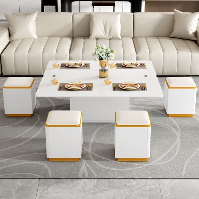 NicBex Modern Double Lift-Top Coffee Table with 4 Stools & Foldable Top,Functional Storage Tea table Center Table for Living Room,Bedroom
