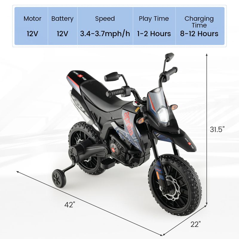 Costway 12V Licensed Aprilia Kids Ride On Motorcycle Electric Dirt Bike with Light & Music, 3 of 11