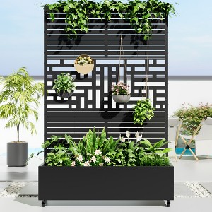 Wooakway 72"H Metal Planter Box with Trellis Raised Garden Bed with Arbor Privacy Screen with Wheels - 1 of 4