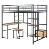 Full Size Loft Bed with Desk and Stool, Metal Loft Bed with Open-Style Wardrobe, Shelves and Cabinet, Black - 3 of 4