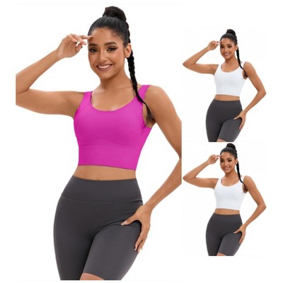 INSPIRE CHIC 3 Pcs Women's Full Coverage Deep V-Back Workout Fixed Cup Comfort Sports Bras 2 White 1 Rose Red Medium