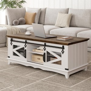 Modern Farmhouse Coffee Table with Storage 48''Living Room Table Large Cocktail Table with Sliding Barn Doors - 1 of 4