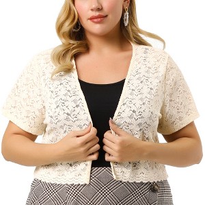 Agnes Orinda Women's Plus Size Short Sleeve Open Front Crochet Lace Allover Cropped Cardigan - 1 of 4