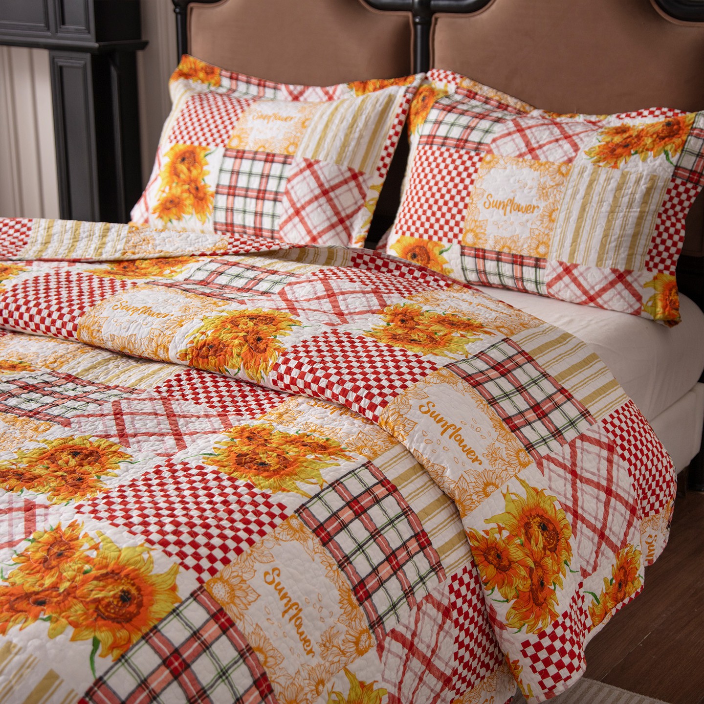 Комплект с покрывалом Acoinel Sunflower Patchwork Quilt Set - 3-Piece Reversible Bedspread with Pillow Shams — фото 4