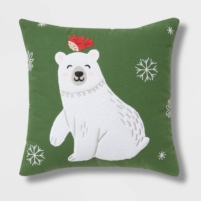 Polar Bear Fleece Applique Chambray Square Christmas Throw Pillow Green - Wondershop™