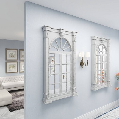 Cream Wood Windowpane Arched Wall Mirror with Distressed Finish
