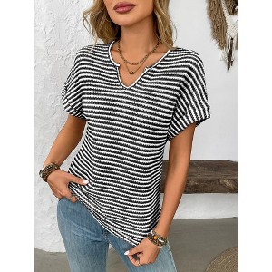 Women's V-Neck Stripe T-Shirt - Relaxed Fit Short Sleeve Top - 1 of 4