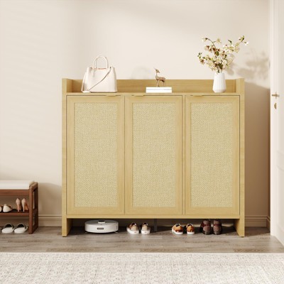 Rattan Shoe Storage Cabinet, 5 Tier Wooden Shoe Organizer with Adjustable Shelf, 41" Tall Freestanding Shoe Rack for Entryway Living Room
