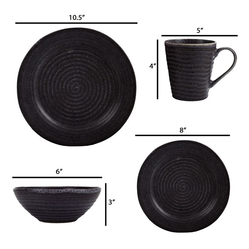 Elanze Designs Chic Ribbed Modern Thrown Pottery Look Ceramic Stoneware Kitchen Dinnerware 16 Piece Set - Service for 4, Black With White, 4 of 6
