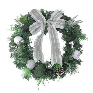 Northlight 24" Unlit White/Silver Bow and Pine Cone Artificial Christmas Wreath - 1 of 3