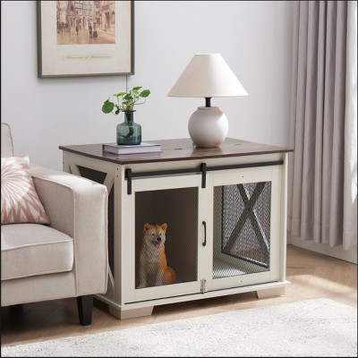 LAOTIES Dog Crate Furniture,Wooden Kennel End Table with Sliding Barn Door And Removable Divider