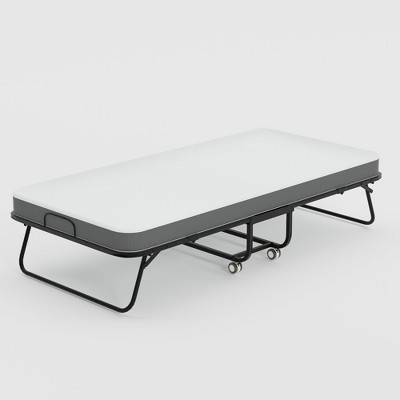FurnitureR Folding Bed with 5-Inch Memory Foam Mattress – 75"x30" Narrow Twin Rollaway Bed Frame with Wheels, Fold Up, Sturdy Metal Construction