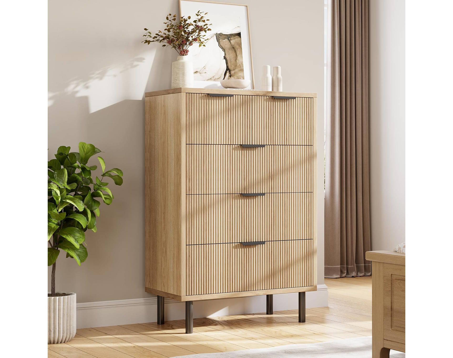 Fluted 5 Drawer Dresser for Bedroom, Modern Wood Chest of Drawers with Wide Drawers