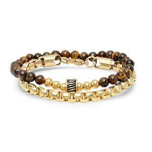 Steeltime Men's set of 2 18k gold plated stainless steel rounded box chain bracelet and tiger eye beaded bracelet - 1 of 4