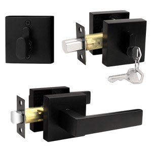 Itopfox Flat Black Passage Door Lever with Single Cylinder Deadbolts Combo Pack, Modern Square Lock Set Handleset for Exterior Doors - 1 of 4