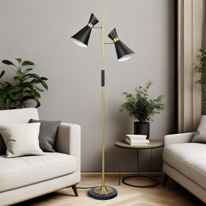 Dual Spotlight Brassed Gold Floor Lamp with 4-Way Switch and Metal Base - 1 of 4
