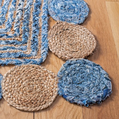 Handmade Blue Cotton Geometric Flat Woven Square Rug