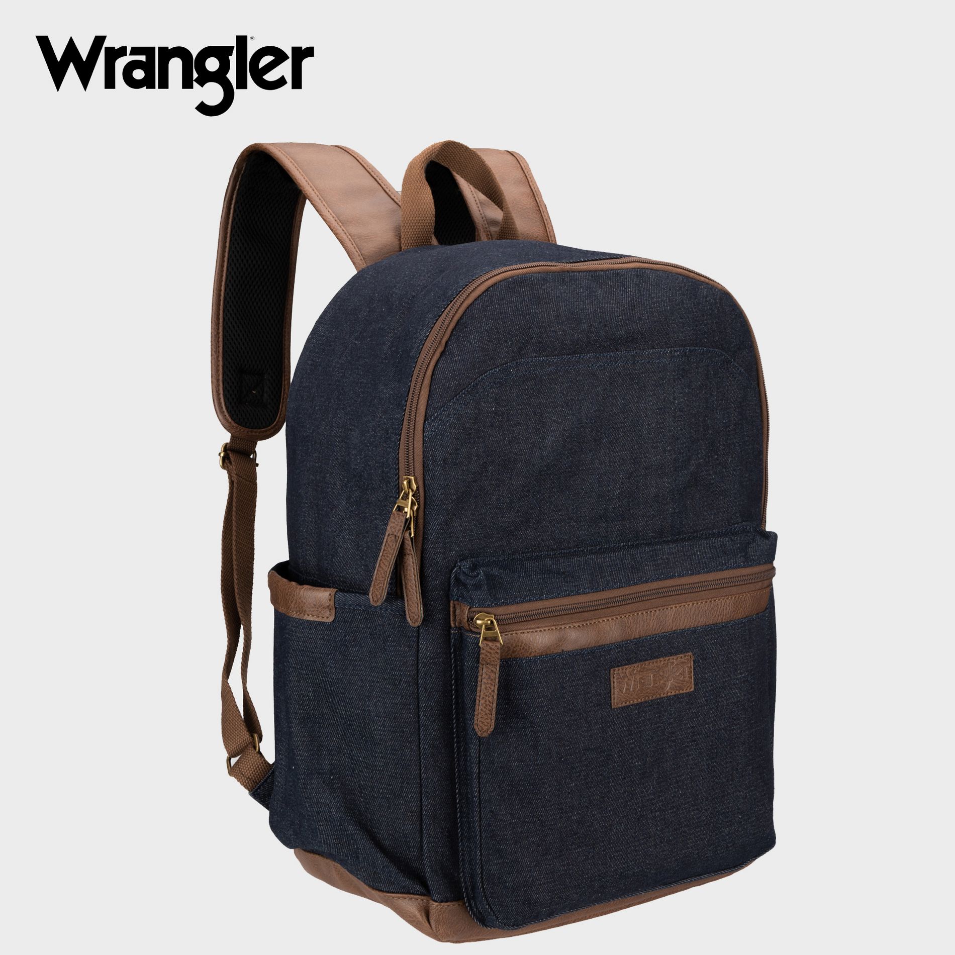 Wrangler Powell Denim Backpack for Mens Womens Kids, Classic Logo Water Resistant Casual Daypack for Travel with Padded Laptop Notebook Sleeve (Denim)