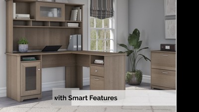 Heather Gray L-Shaped Wood Computer Desk with Hutch and Drawers