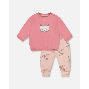 Deux par Deux Girl Organic Cotton Pant with Top Set Pink Cat Print - 18 Months - 1 of 4
