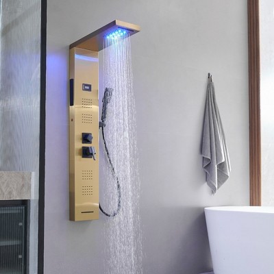 Gold Brushed Stainless Steel Shower Panel with LED and Handheld Wand