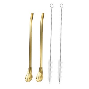 Unique Bargains Stainless Steel Long Handle Round Shaped Drinking Spoon Straws with Cleaning Brushes 2 Pcs - 1 of 4