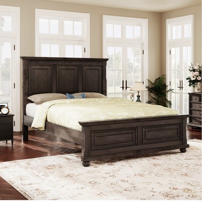 Queen/King Size Platform Bed with High Headboard, Vintage Pinewood Bed Frame, Traditional Style - ModernLuxe