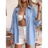 Women's Resort Style Loose Collared Blue White Striped Shirt, Oversized Button-Front Blouse for Casual & Vacation Wear - 3 of 4