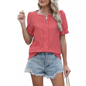Women's V - Neck Puff Short Sleeve Jacquard Top, Casual Loose Fit Tee - 1 of 4