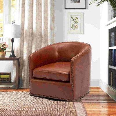 CAVINAS Faux Leather Barrel Swivel Accent Chair with Curved Backrest,Upholstered Swivel Living Room Chairs,Reading Chairs for Living Room