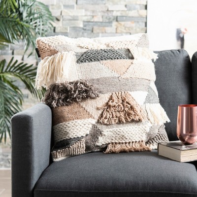 Gray and Ivory Geometric Wool Fringe Throw Pillow