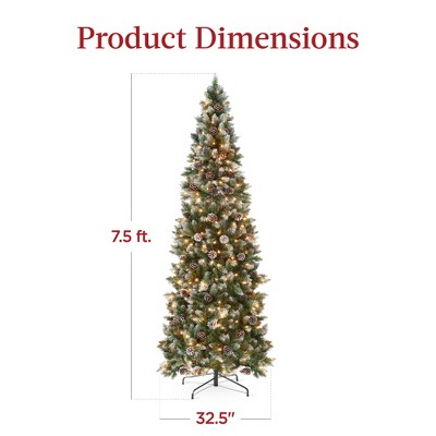 7.5ft Pre-Lit Flocked Pencil Christmas Tree with Pine Cones and Lights