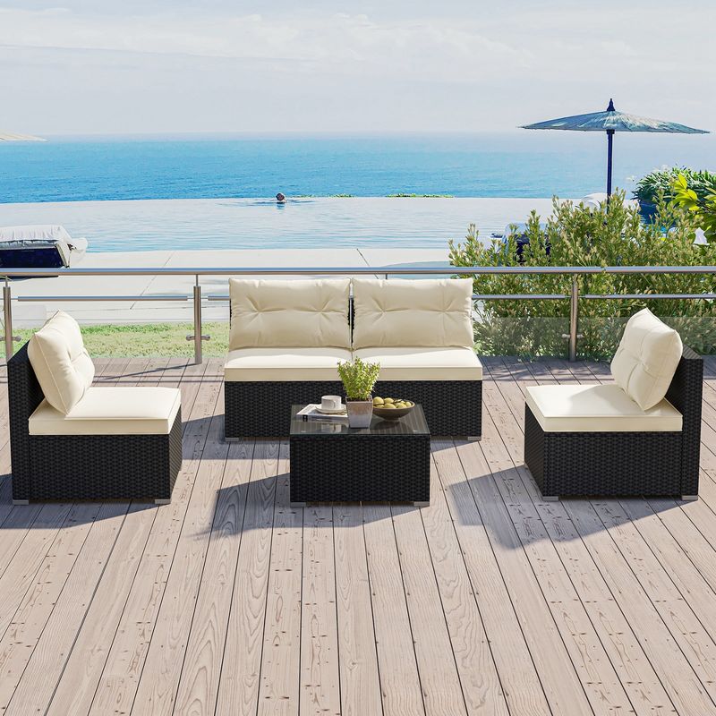 Costway 5 Pieces Outdoor Furniture Set with Seat & Back Cushions Tempered Glass Tabletop, 4 of 11