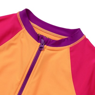 Lands' End Kids Chlorine Resistant Long Sleeve Zip Front Rash Guard - Large - Orange Pop/Pink Colorblock — фото 3