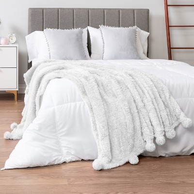 White Sherpa Fleece Throw Blanket with Pom Pom Fringe