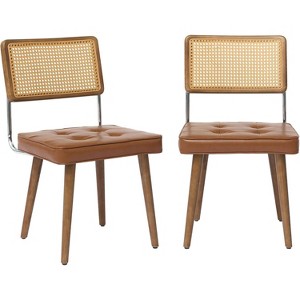 Mid Century Dining Chairs Set of 2,Natural Rattan Woven Back with Velvet Seat - 1 of 4