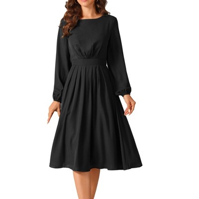 Seta T Women's Long Sleeve Crewneck Casual Dress High Waist Pleated A Line Flowy Dress