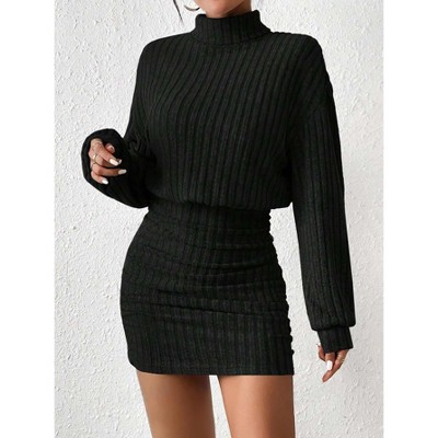 Women's Dress Ribbed Turtleneck Long Sleeve Bodycon Dress