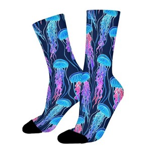 Rainbow Jellyfish Navy Blue Women Printed Crew Socks Funny Funky Socks Soft Polyester Novelty Gifts for Artists Men - 1 of 1