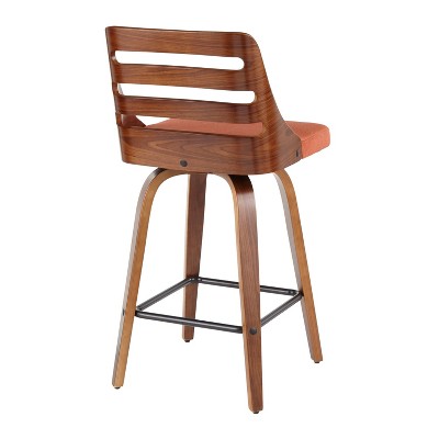 Set of 2 Orange Upholstered Walnut Wood Swivel Counter Stools