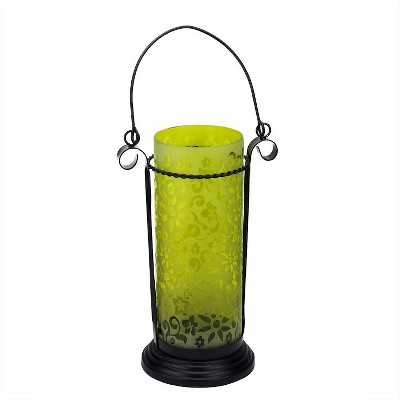 Northlight 11.5" Decorative Yellow Glass Hurricane Tea Light Candle Holder Lantern with Flower Etching