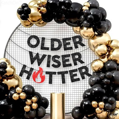 KatchOn Older Wiser Hotter Glitter Black Banner - 10 Feet, Reusable, Adult Birthday Decorations