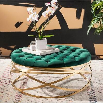 Emerald Green Tufted Velvet Round Cocktail Ottoman with Gold Metal Legs