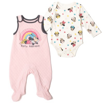 Image of Disney Minnie Mouse Infant Baby Girls Bodysuit and Quilted French Terry Overall Pink / White 12 Months