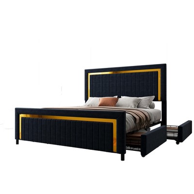 AMERLIFE Upholstered Platform LED Bed Frame with 4 Storage Drawers, Adjustable Headboard with Vertical Channel Design