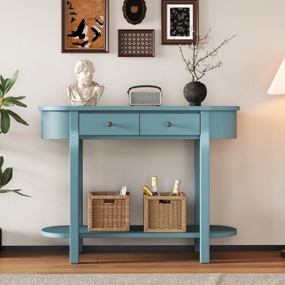 CAVINAS Retro Console Table with 2 Drawers and Open Shelf,40 inch Oval Entryway Table for Living Room,Hallway